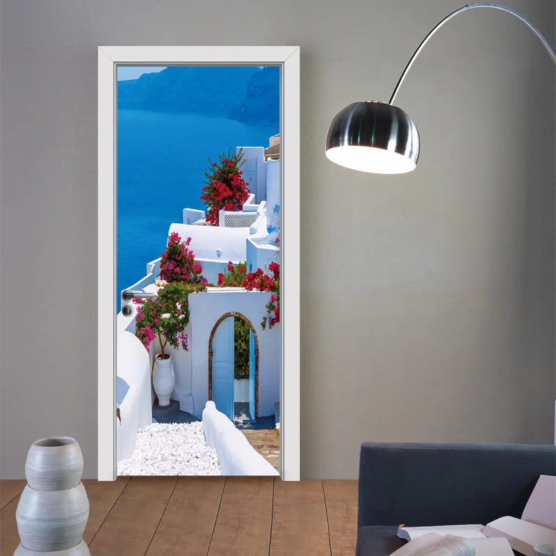 3D креативные греческие пейзажи водонепроницаемые обои дверь стикер Гостиная Спальня дверь обои самоклеющиеся художественные настенные наклейки