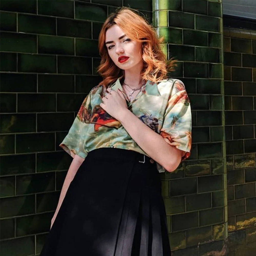 

Women's Retro Wind Angel Print Blouse Vintage Short Sleeve Loose Thin Shirt Streetwear Button Tunic Women Summer Tops 2019