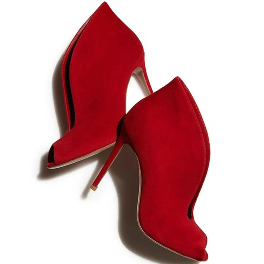 Mabaiwan/женские туфли-лодочки из натуральной кожи летние ботильоны с открытым носком женские свадебные модельные туфли с глубоким v-образным вырезом на высоком каблуке-шпильке - Цвет: Красный