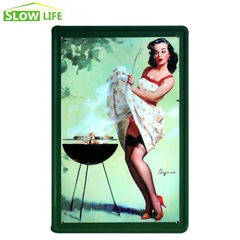 Sexy Girl Being BBQ Metal Tin Sign Hotel/Bar Wall Decor Metal Sign Vintage Home Decor Metal Plaque Retro Painting Metal Plate