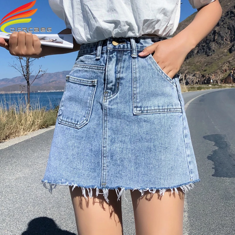 Blue Pockets Casual Mini Denim Skirt Spring Summer New Bodycon Women Skirt Basic Women Jeans Skirt High Waist Saias