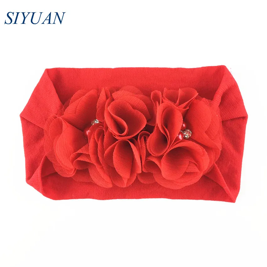 

1pcs/lot Headband with Rhinestone Pearl Beaded Chiffon Flower Wide Nylon Elastic Hairband Kids Turban HB081