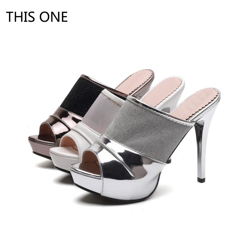 

women slippers shoes woman sandals thin heel shoes 2018 summer Black white gra shoes plus size patent leather heels slippers