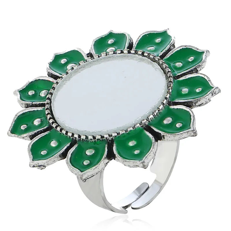 Роскошное кольцо в форме большого цветка с эмалью красного, зеленого, черного цвета для девочек, с зеркалом, для женщин, турецкие, племенные, винтажные, серебряные кольца для пальцев, ювелирные изделия для вечерние