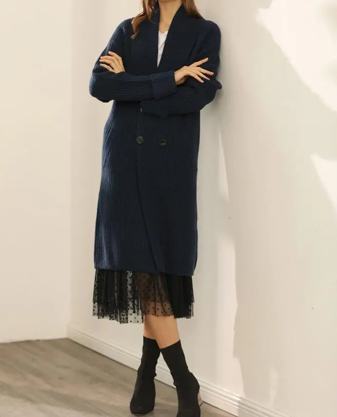 

Long Cashmere Cardigan sweater Lapel Collar Double Breasted Side Pockets Fashion Trench Knitted coat 2019 FALL WINTER