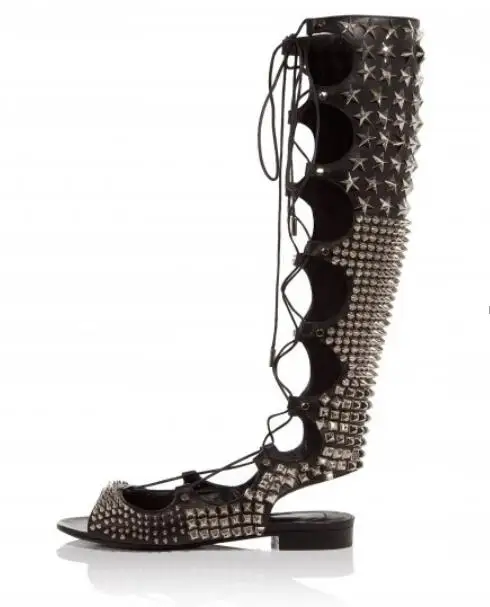 

2018 Summer Full Studded Women Lace Up Boots New Fashion Peep Toe Ladies Knee High Gladiator Boots Sexy Slingback Flat Boots