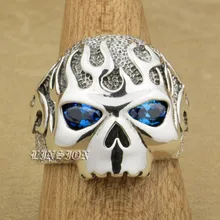 US Size 8 ~ 15 Huge Heavy Solid 925 Sterling Silver Fire Skull Blue CZ Eyes Mens Biker Rocker Punk Ring 8D106