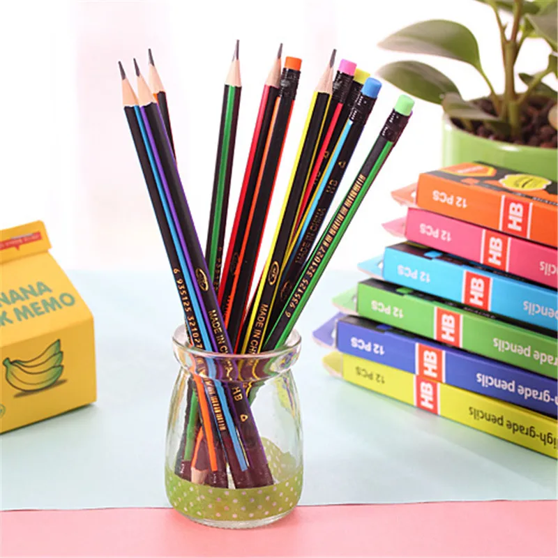 

12Pcs Fashion Striped Pencil HB Eraser Triangle Kids School Stationery Store Graphite Drawing Sketch Pen Shop Tool Office Supply