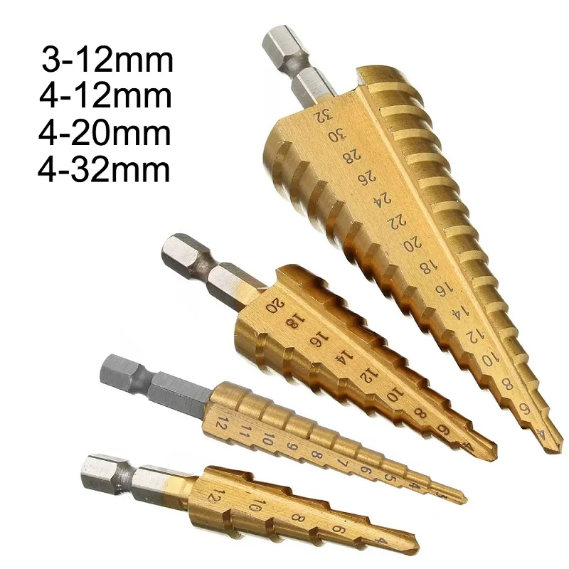 ALLSOME 3-12 мм 4-12/20/32 мм Шаг сверло Спираль Флейта HSS сталь конус с титановым покрытием мини сверло Набор инструментов дыропробивной пресс - Цвет: 4pcs