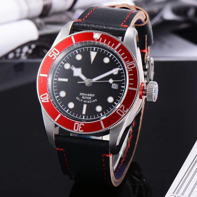 

Corgeut 41mm Mens Automatic Watch, Black Sterile Dial White Marks Red Bezel Sapphire Glass Miyota 8215 Movement WCA2010RW