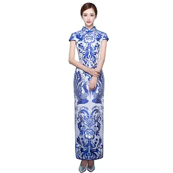 

High Quality White And Blue Cheongsam Sexy Qipao Women Traditional Chinese Dress Evening Gown Party Dresses Style Chinois Femme