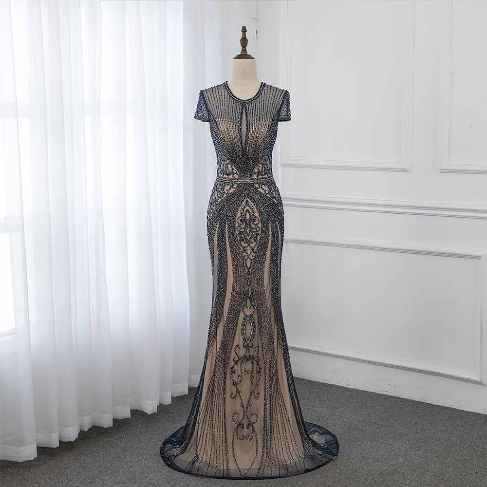Luxury Navy Blue Rhinestones Mermaid Evening Dresses Long Evening Gown Competition Cap Sleeve 2019 YQLNNE Luxury Navy Blue Rhinestones Mermaid Evening Dresses Long Evening Gown Competition Cap Sleeve 2019 YQLNNE