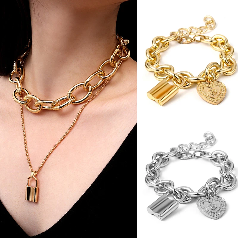 Punk Unisex Padlock Pendant Necklace Boys Girls Long Chain Silver Gold Choker Necklace Jewelry Club Party Gifts