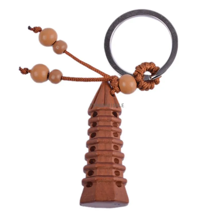 

Feng Shui Peach Wood Wen Chang Pagoda Keychain Wood Carved Amulet L1079