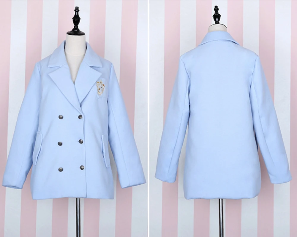 Noir Ciel Bf Preppy Manteau Pc Longues Outwear Oversize Style pu Filles bleu 1 Cadeau Lolita Brodé gris Hiver À Manches wIqEZUI