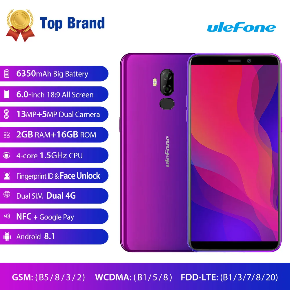 

Ulefone Power 3L 6350mAh Big Battery Cell Phone 6.0'' 16GB 2GB Android 8.1 4G Lte OTG NFC Face Unlock Fingerprint ID Smartphone