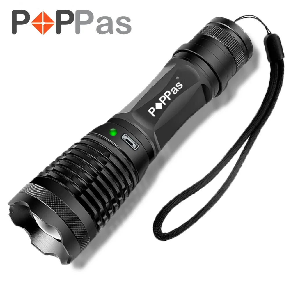 Kopen POPPAS Micro USB 1300LM CREE XM L2 Chips Zaklamp LED Zaklamp Zoomable Ultra Bright Handheld Waterbestendig Torch 2400 mAh
