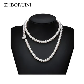 

ZHBORUINI Genuine Pearl Necklace Natural Freshwater Pearl Long Necklace 925 Sterling Silver Statement Necklace For Women Gift