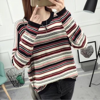 

2017 winter color stripe sweater female head loose sweater Korean color coat