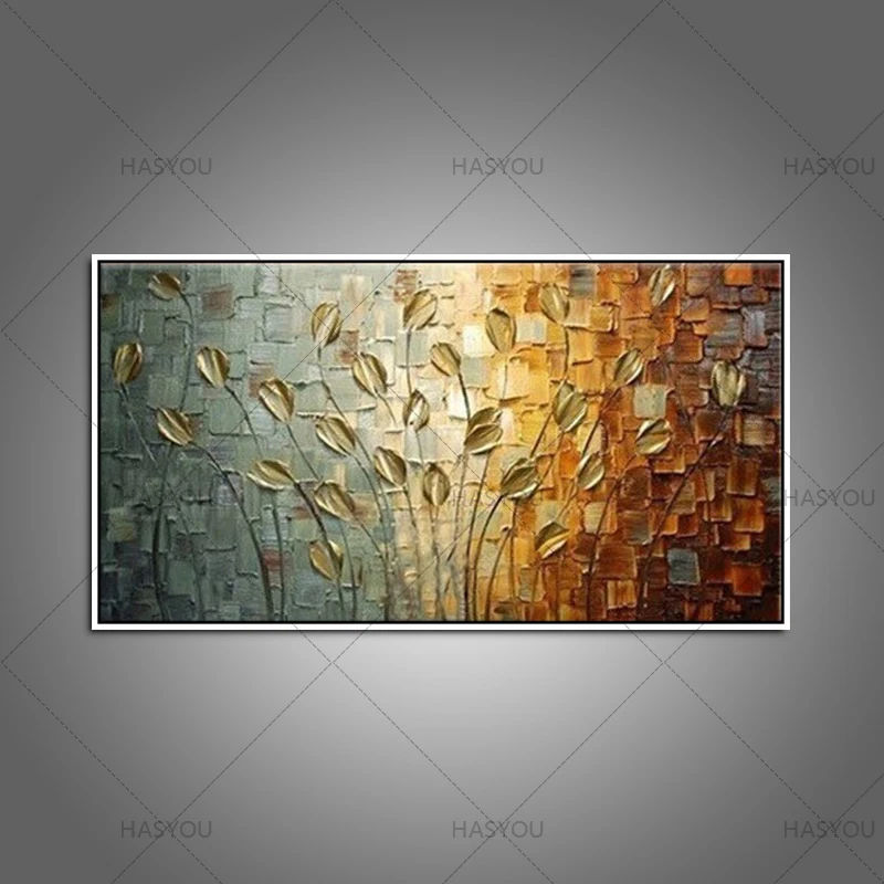 

Hand Painted Wall Fine Art Flower Picture Abstract Style Handmade Modern Gold Leave Oil Painting on Canvas for Living Room Decor