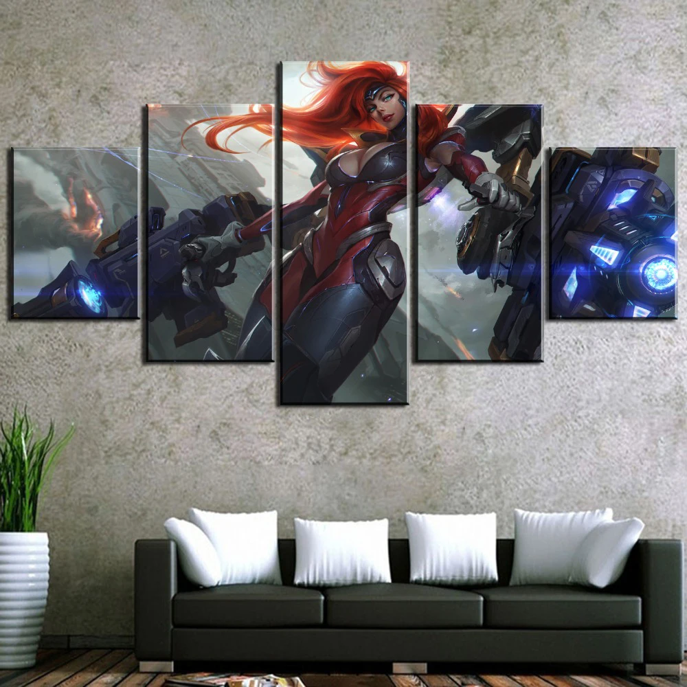 

Home Decor 5 Pieces HD Print Canvas Art League of Legend Gun Goddess Miss Fortune Paintings Modern Wall Art Picture Poster Frame
