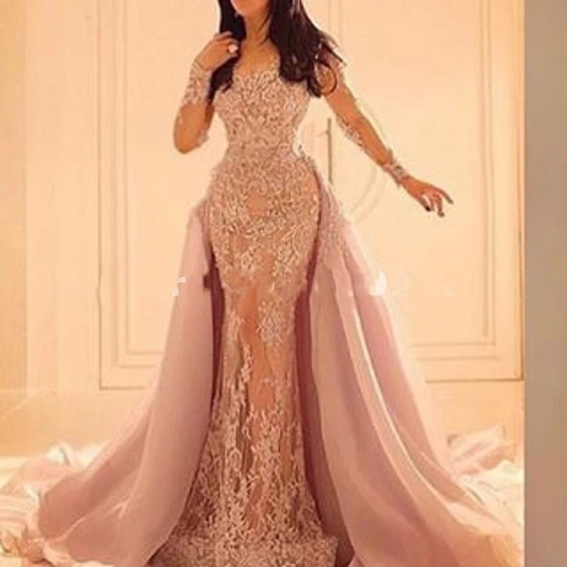 

Saudi Arabic Dubai Evening Dress Long Sleeves Lace Appliques Long Mermaid Prom Dresses 2019 Vestidos de Fiesta Custom Made