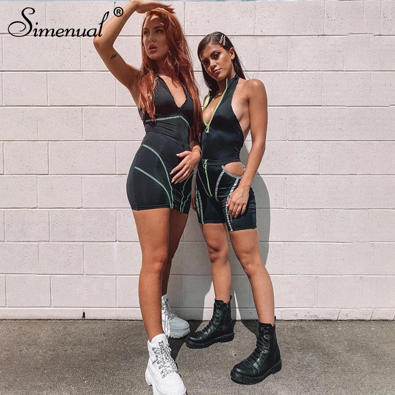 Najtaniej Simenual Casual sportowe damskie zestawy dwuczęściowe odblaskowe paski Zipper stroje body i wyciąć zestaw szortów Streetwear Fashion