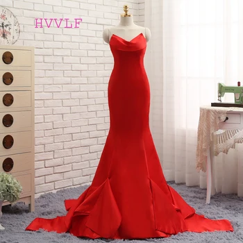 

Formal Celebrity Dresses Mermaid V-neck Sweep Train Satin Red Backless Evening Dresses Famous Red Carpet Dresses