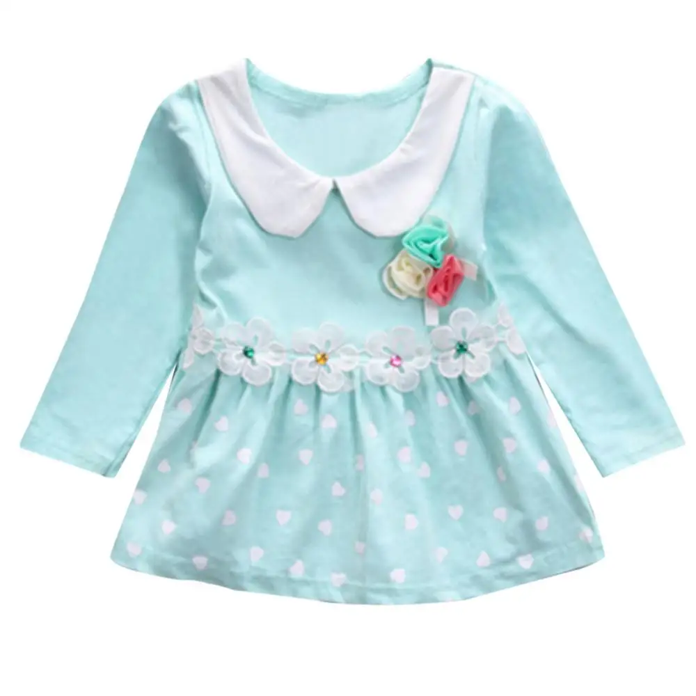 Праздничное платье принцессы в горошек с длинными рукавами и цветочным принтом для маленьких девочек топы - Цвет: Небесно-голубой