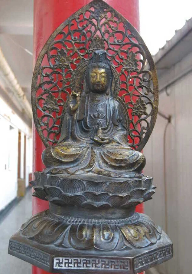 

14" China bronze gild fine Buddha gold Guanyin net bottle on ryondae Statue