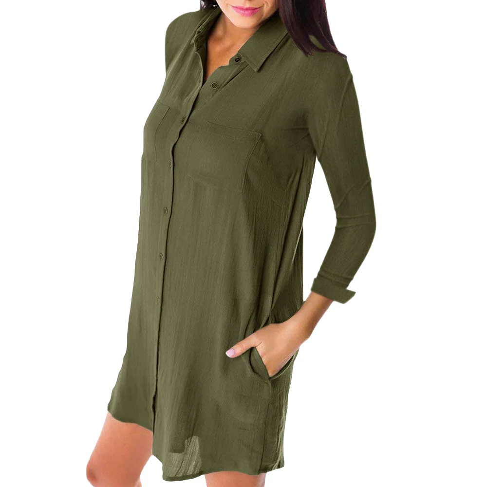 HEFLASHOR Повседневная однотонная женская блуза на пуговицах с длинным рукавом и v-образным вырезом, женские топы свободного размера плюс, Женская винтажная рубашка-туника - Цвет: Green