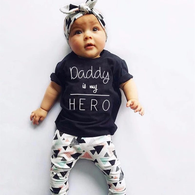 Ensemble de vêtements pour bébés filles | Bandeau, à la mode 2019, avec papa Is My Hero, T-shirt et pantalons pincé, tenue pour nouveau-né 0-24M