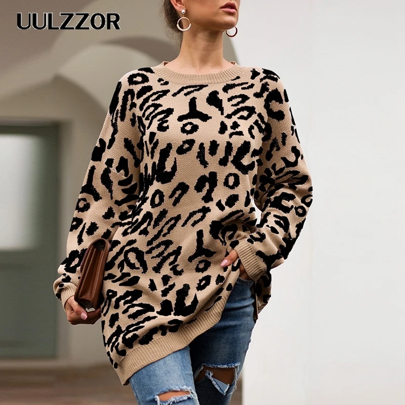 

UULZZOR O Neck Leopard Sweaters Women Autumn Winter Pullovers Jumpers Female Knitted Chic Loose Warm Sweaters 2019 Mujer
