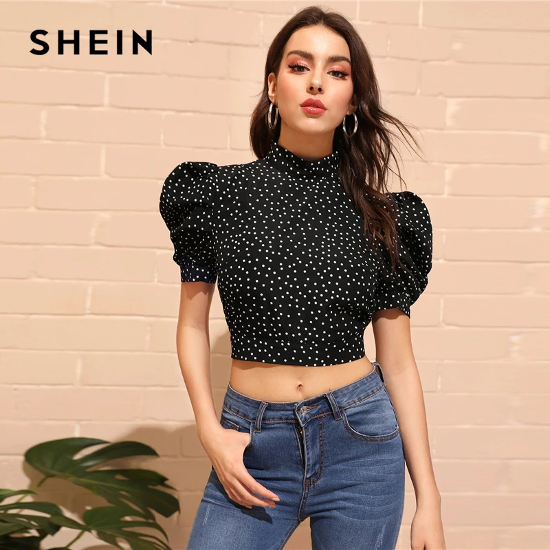 SHEIN, сексуальная черная блузка с воротником-стойкой, пышным рукавом и узлом, открытая спина, Топ в горошек, женская летняя блузка,, облегающие Блузы для улицы