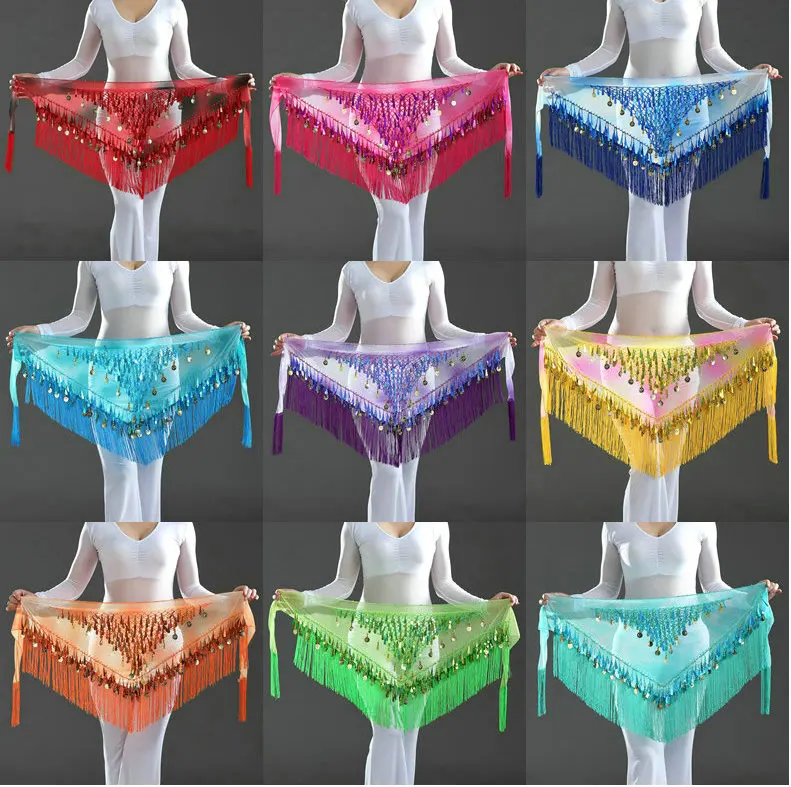 

Belly Dance Gradient Waist Chain Tassel Hip Scarf Exercises Sequins Bandage Triangular Wrap Skirt Shawl Belt