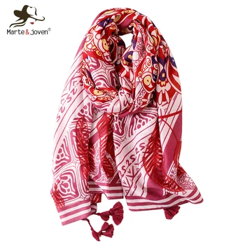 

Marte&Joven Beautiful Art Flower Printed Big Size Red Scarf Shawl for Women Elegant Autumn Winter Warm Muslim Hijab Head Scarves