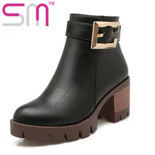 4 Colors New Fashion Ankle Boots Chunky Heels Round Toe Platform Shoes Woman Buckle Charm Autumn Winter Boots Big Size 34-43