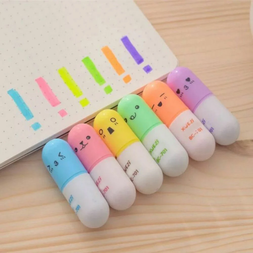 

6PCS Cute Mini Smiling Face Pill Highlighter Lovely Cartoon Painting Pen Marking Pens Students Learn Stationery Supplies