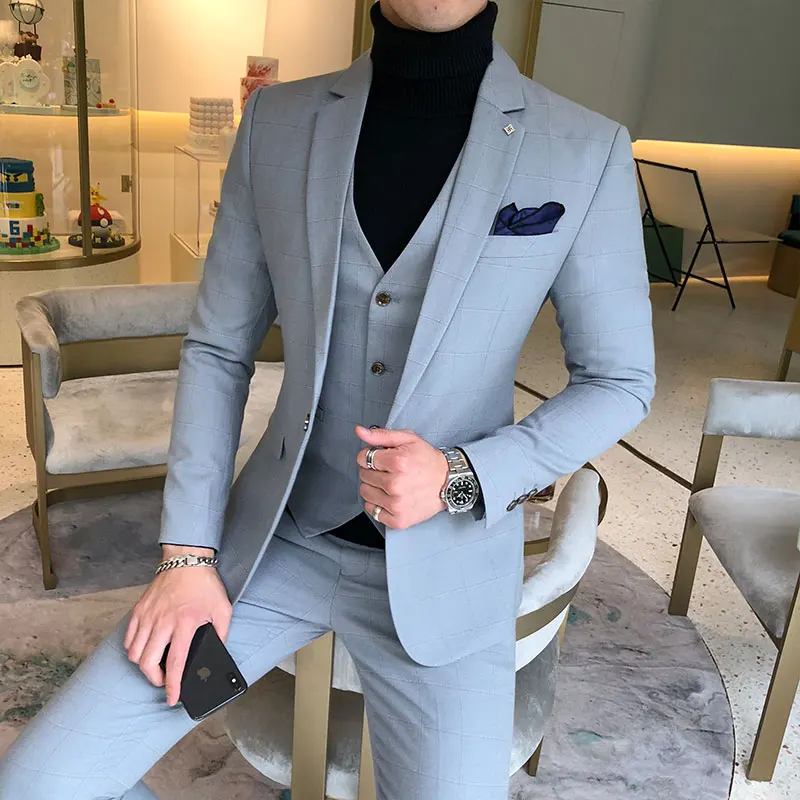 3 Pieces Suits Jackets+Pants+Vest Wedding Dress Suits For Men Blue Plaid Formal wear Suits New Men Slim Groom Suits Size XS-5XL 3 Pieces Suits Jackets+Pants+Vest Wedding Dress Suits For Men Blue Plaid Formal wear Suits New Men Slim Groom Suits Size XS-5XL
