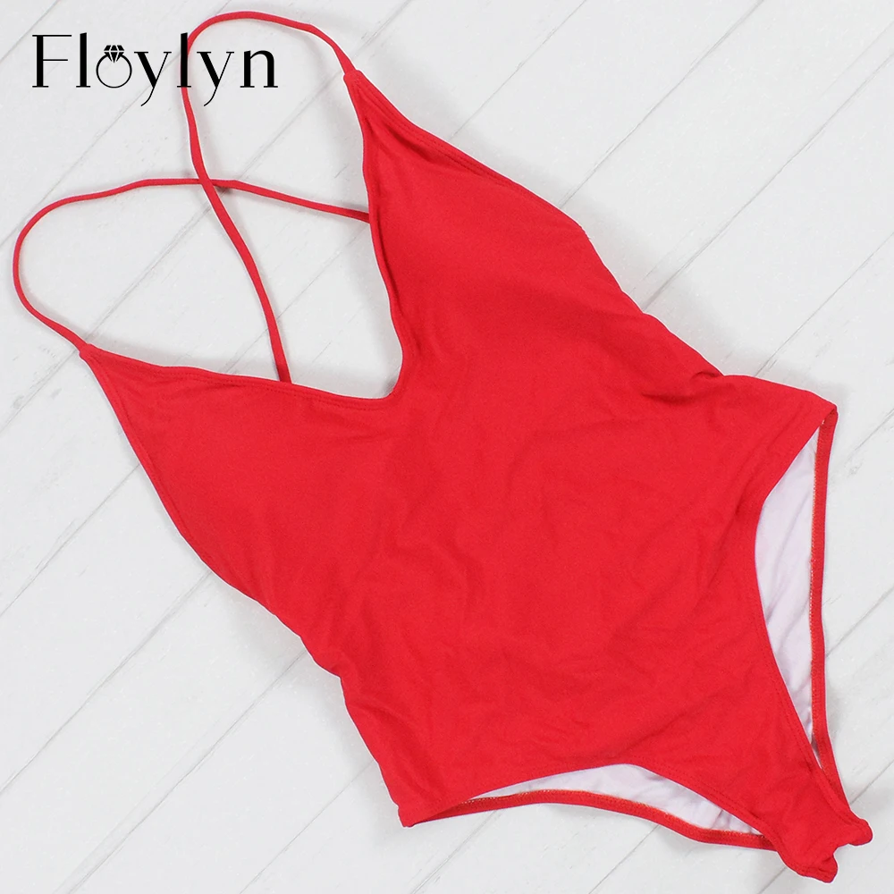 

Floylyn New Arrival Candy Color Women One Piece Swimsuit Sexy Bandage Padded Brazilian Push Up Solid Red Color Hot Swimwear