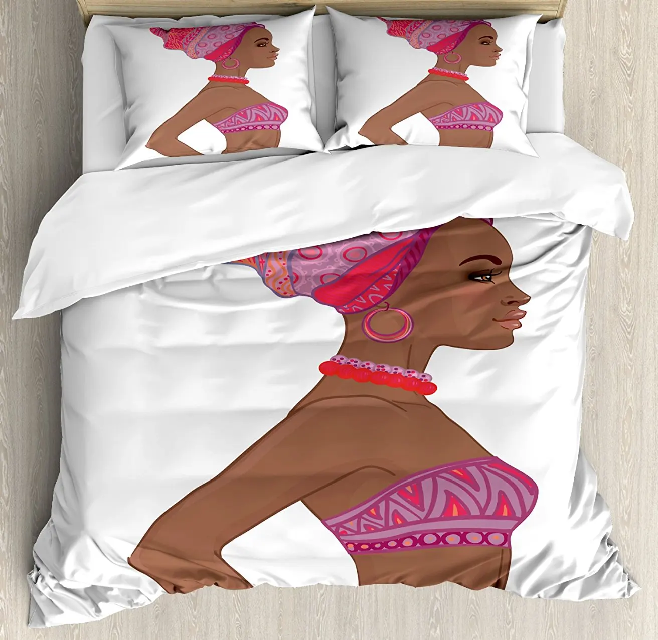 

African Woman Duvet Cover Set, Beautiful Zulu Woman with Sexy Bandage Dress Necklace Female, 4 Piece Bedding Set