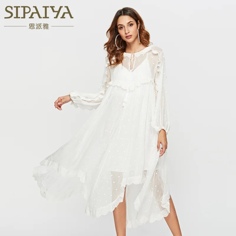 Sebo Loisirs Robe Longues Manches Soie Broderie Lâche Fée À Bourgeon Mousseline Nouvelle Blanc Bai De Période Édition 6qwYIf48