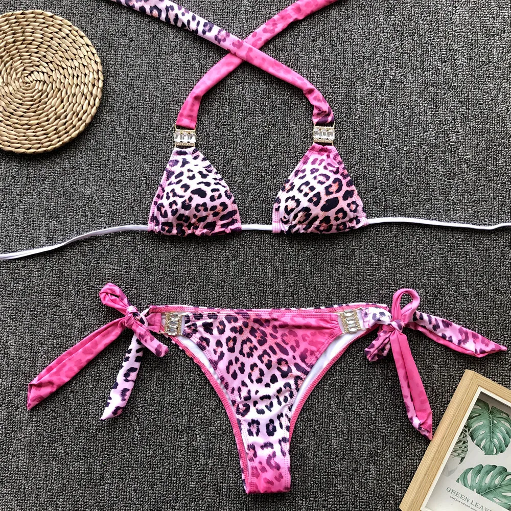AIUJXK Мода женский розовый леопард горный хрусталь лоскутное 2 шт купальное Эротическое нижнее белье набор летний женский бюстгальтер и трусики набор
