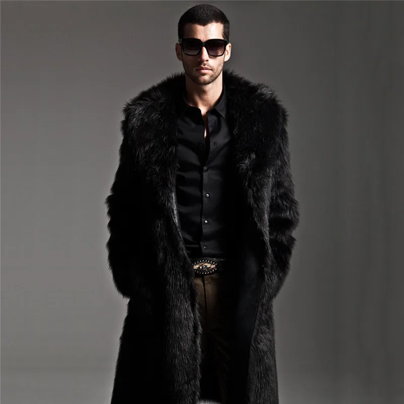 Long Faux Fur Trench Coat Men Leather Overcoat Winter Faux Fur Jacket