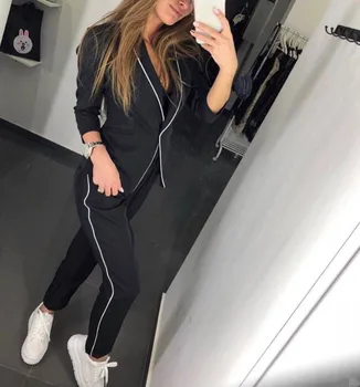 

2019 Single Single Top Fashion Cotton Polyester Full V-neck Drawstring Autumn Hot Woman Suit Collar Two-piece