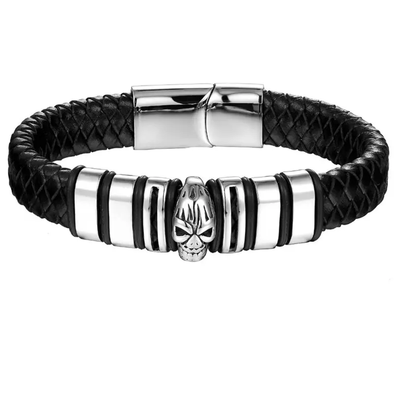 

2018 Men Bracelets Bileklik Punk Black Genuine Leather Woven Cuffs Bracelet Skull Stainless Steel Bangle Antique Gift Pulseiras