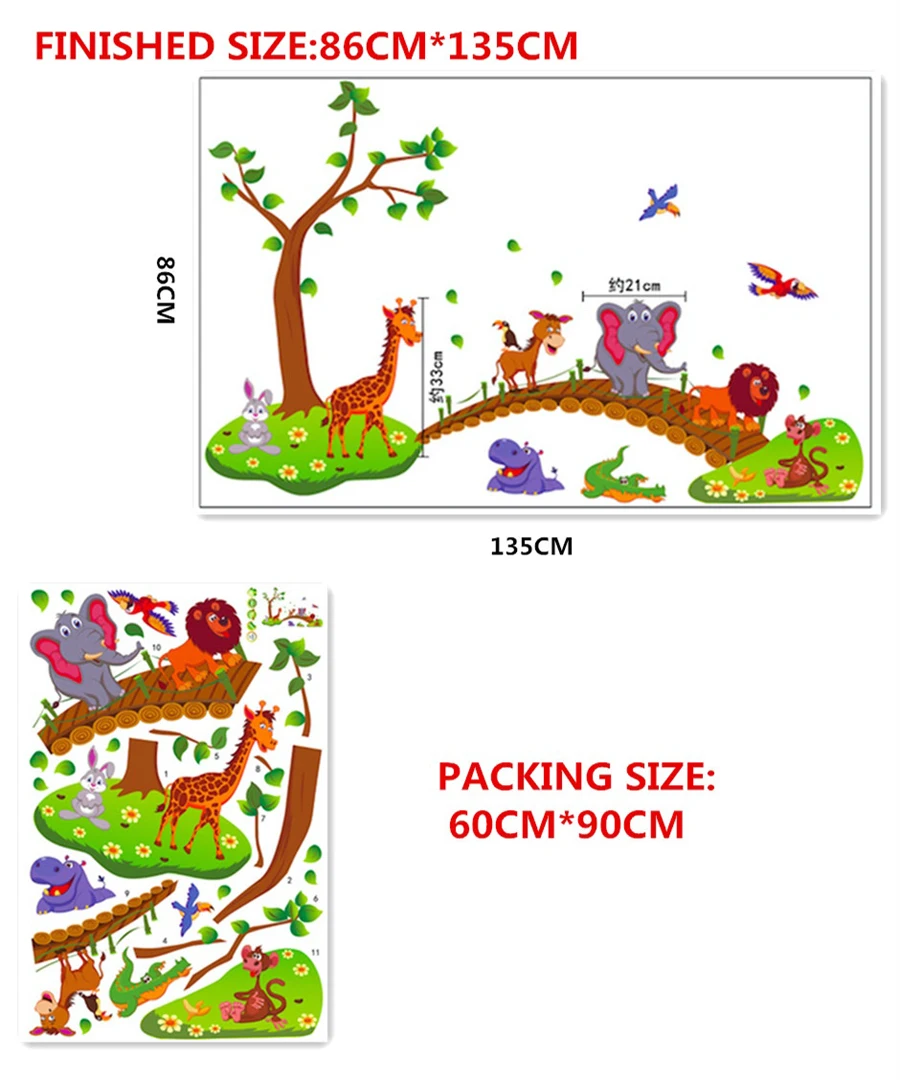 Cartoon Animal Jungle Giraffe Elephant Birds Tree Wall Sticker Kids Room Decoration Vinyl 3D Children Wall Decals Nursery Poster