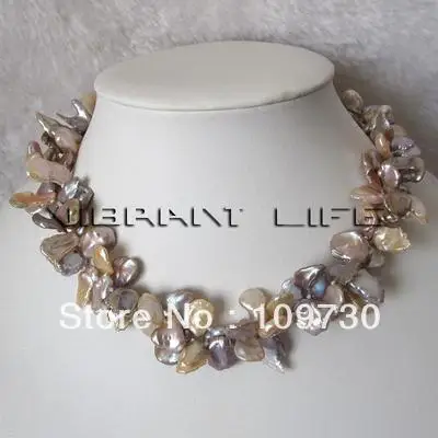 

Jewelry 00449 2 Row 9-15mm Peach Pink and Lavender Freshwater Keshi Pearl Necklace