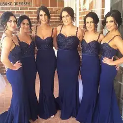 Кружево Аппликация подружки невесты платья с кристаллами, атласное платье подружки невесты в стиле русалки Bruidsmeisje Jurken для Volwassenen Vestido Azul