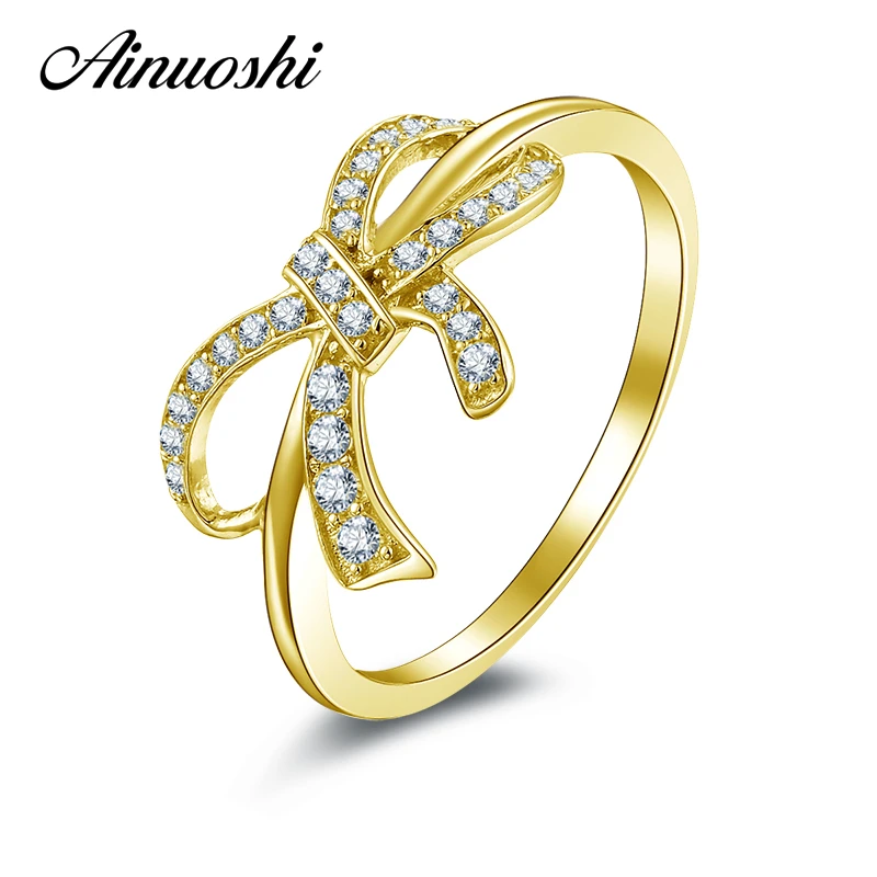 

AINUOSHI 10K Solid Yellow Gold Wedding Ring Sona Simulated Diamond Jewelry Joyeria Fina Bowknot Shape Women Party Birthday Rings